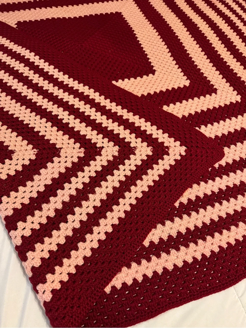 Handmade Crochet Afghan Burgundy Pink 61x63 Retro Cottagecore Blanket